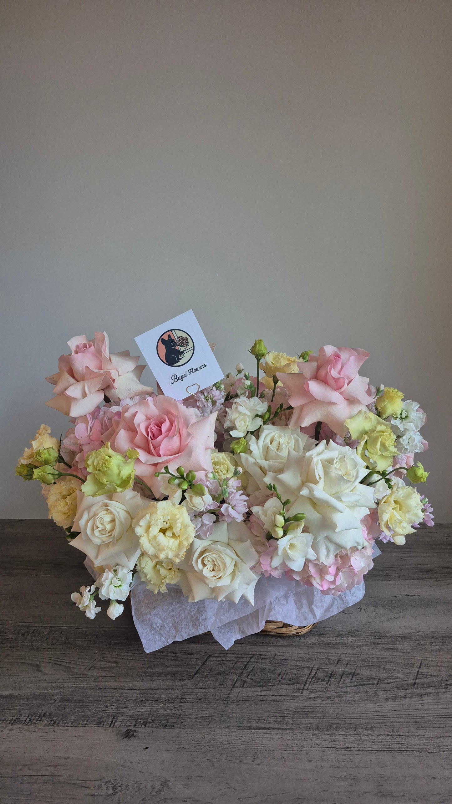 Basket "Garden Reverie" French Roses, Hydrangea, Lisianthus