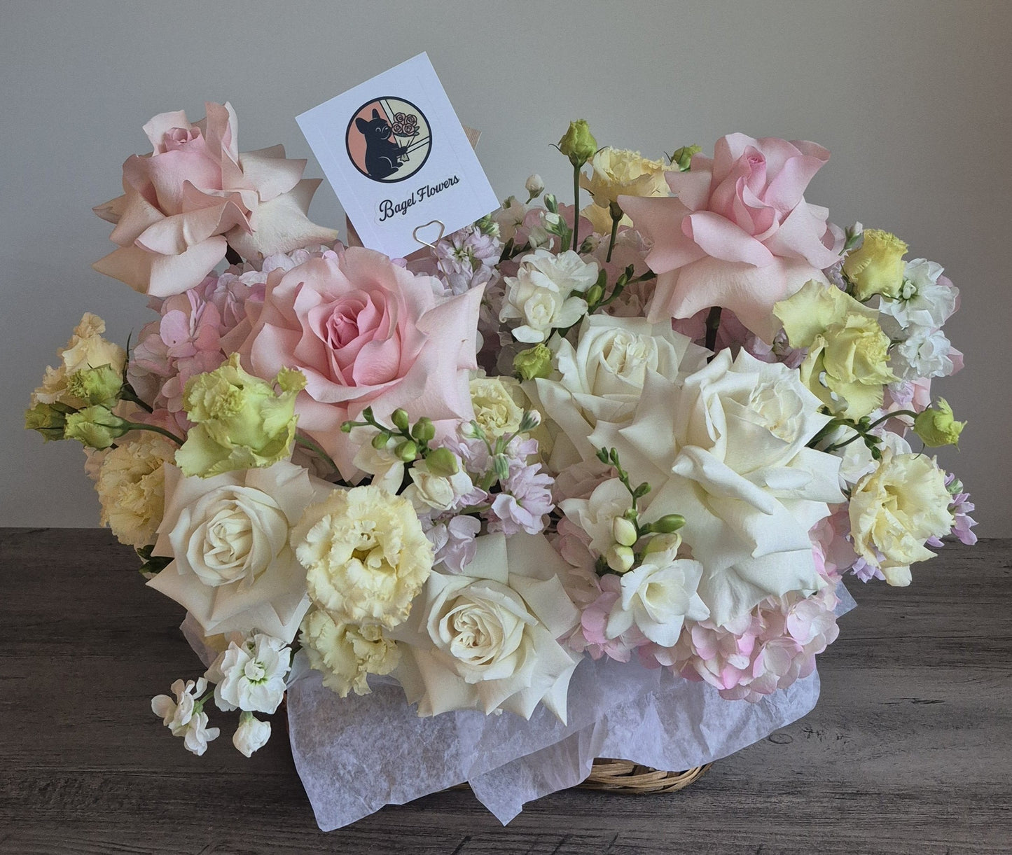 Basket "Garden Reverie" French Roses, Hydrangea, Lisianthus