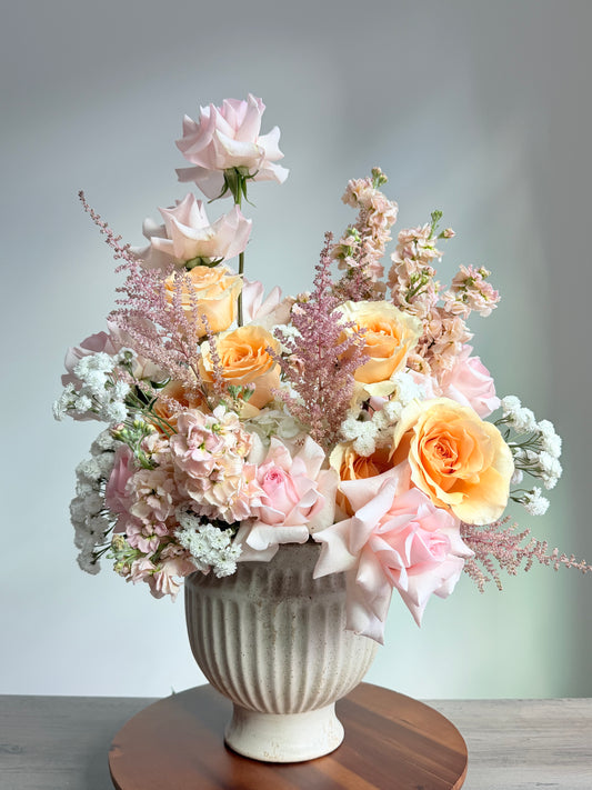 Arrangement "Sculpted Mist" Hydrangea, French Roses, Roses, Stock