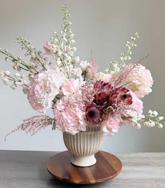 Arrangement "Crimson Cloud" Protea, Hydrangea, Delphinium
