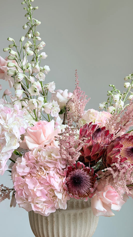 Arrangement "Crimson Cloud" Protea, Hydrangea, Delphinium