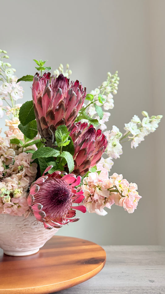 Arrangement "Wild Royalty" Protea, Delphinium