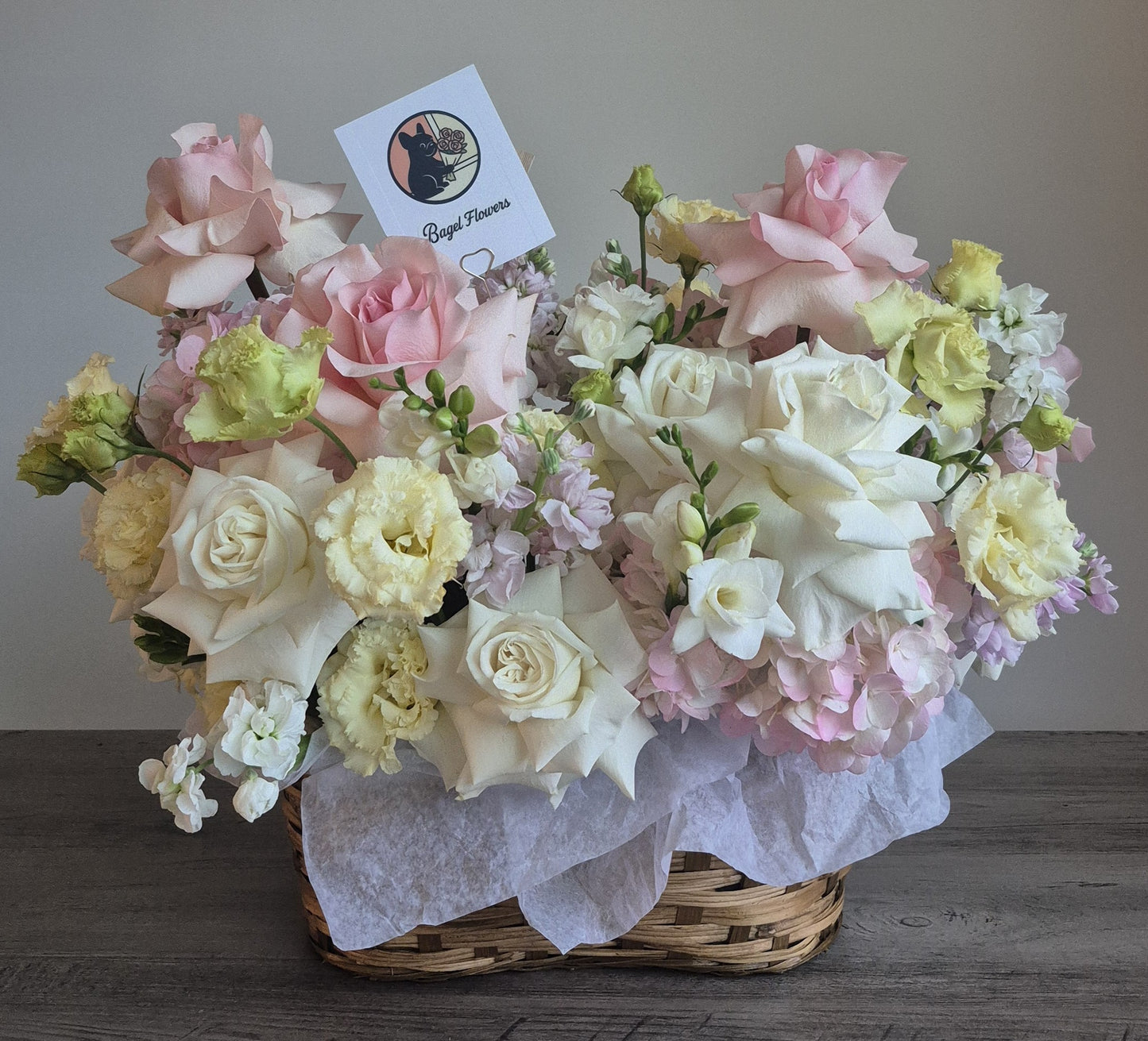 Basket "Garden Reverie" French Roses, Hydrangea, Lisianthus